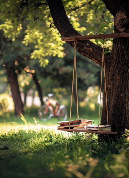 Libros en el columpio en el parque y bicicleta