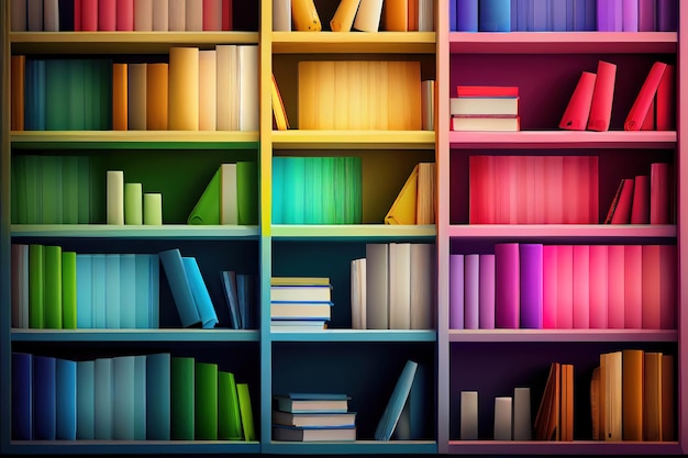 Libros de diferentes colores en Bookshelf Generative Ai