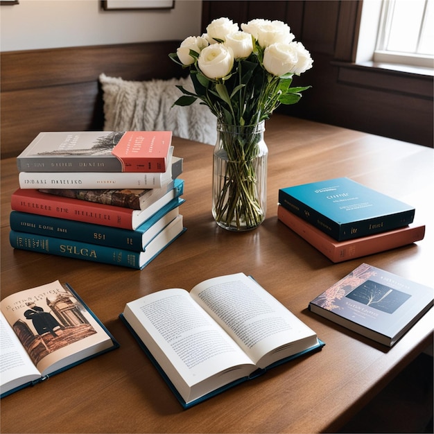 Foto libros encima de la mesa muy bien decorados