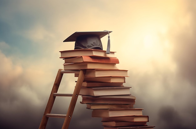 los libros escolares o los libros de libros están apilados con una gorra de graduación en la parte superior de ellos en un fondo de color azul