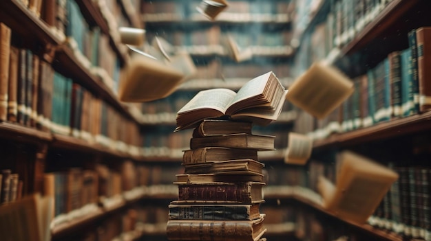 Los libros están volando en el aire en una biblioteca generativa ai