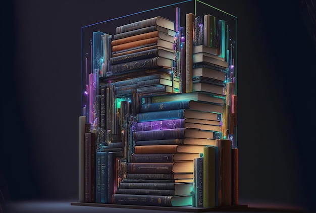 Libros en un estante vertical con arte creado por una red neuronal