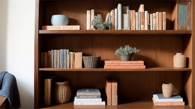 Libros en una estantería con una planta en el estante.