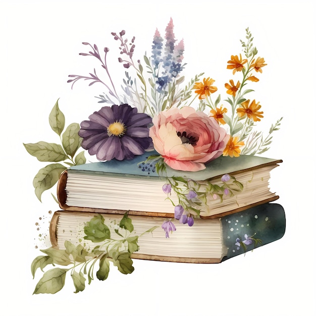 Libros con flores clipart acuarela