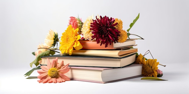 Libros con flores sobre fondo blanco Fondo del concepto del día mundial del libro