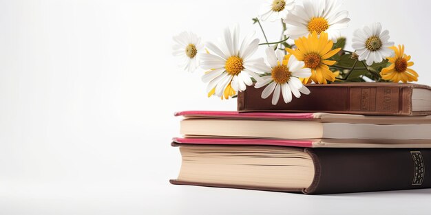 Libros con flores sobre fondo blanco Fondo del concepto del día mundial del libro