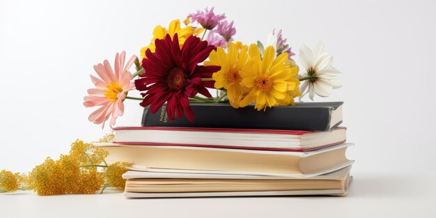 Libros con flores sobre fondo blanco Fondo del concepto del día mundial del libro