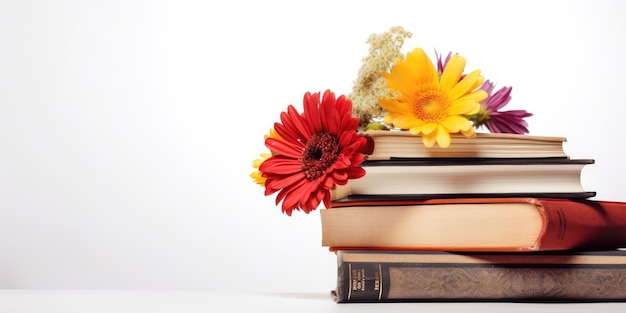 Libros con flores sobre fondo blanco Fondo del concepto del día mundial del libro