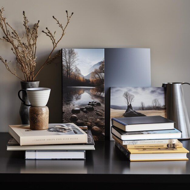 libros de fotos en el escritorio con taza de lápiz