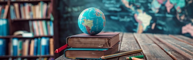 Libros y globo en un escritorio de madera