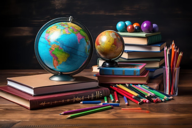 Libros de globo y lápices en la mesa de madera De vuelta a la escuela