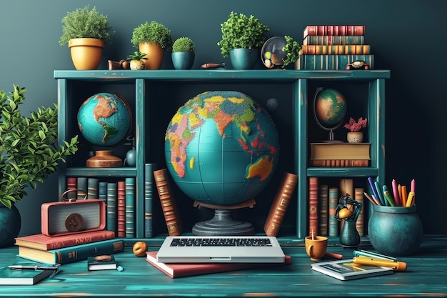 Foto libros y un globo sobre una mesa en un interior moderno el concepto de educación y viajes ilustración 3d