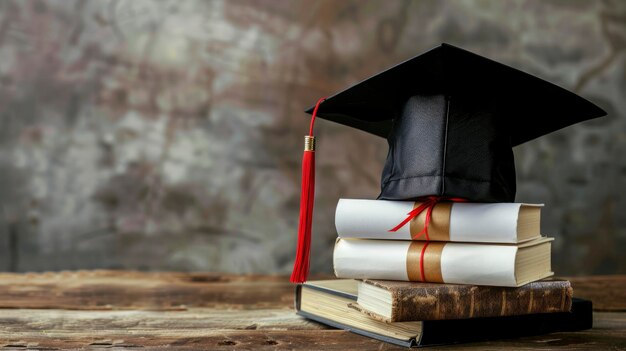 Libros en una gorra de graduación