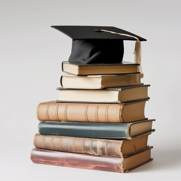 Libros y gorro de graduación Una composición de libros apilados con una gorra de graduación en la parte superior