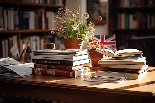 Los libros en inglés de Literary Oasis adornan la mesa del espacio de trabajo