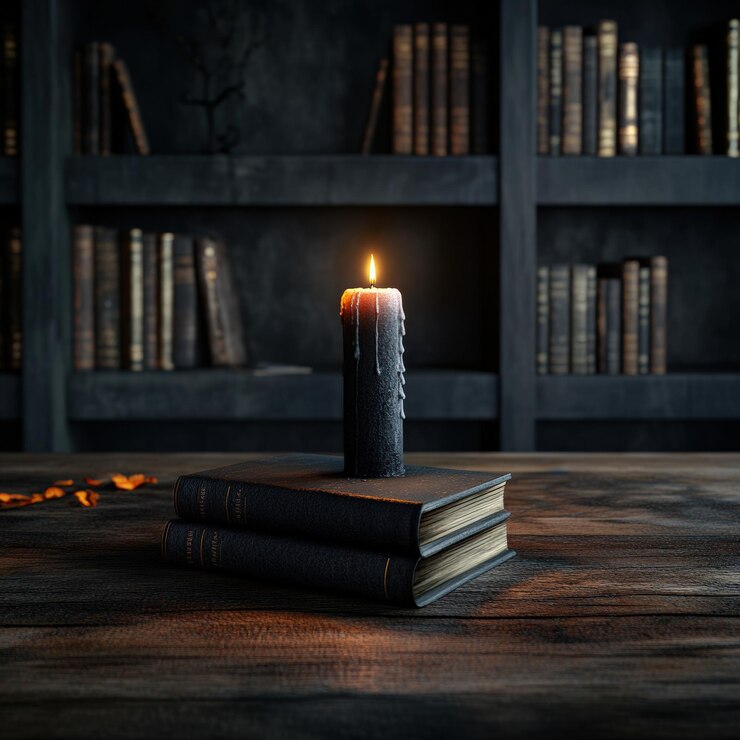 Libros a la luz de las velas en una mesa de madera que crean una atmósfera cálida y acogedora