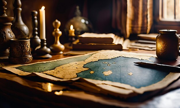 Libros y mapa mapa del tesoro en la mesa en la sala de estudio
