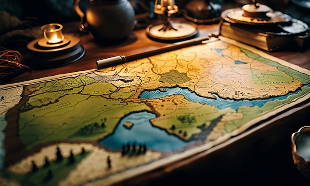 Libros y mapa mapa del tesoro en la mesa en la sala de estudio