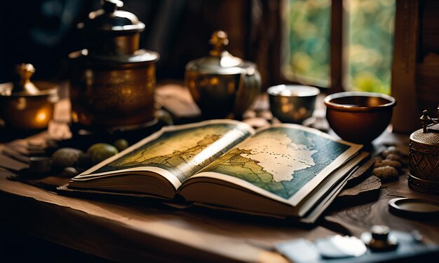 Libros y mapa mapa del tesoro en la mesa en la sala de estudio