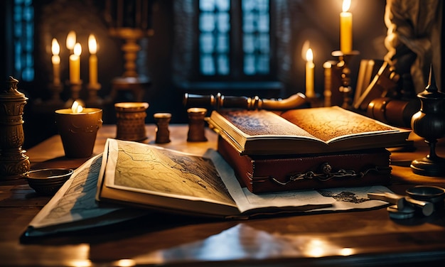 Libros y mapa mapa del tesoro en la mesa en la sala de estudio