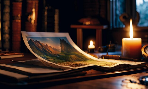 Libros y mapa mapa del tesoro en la mesa en la sala de estudio