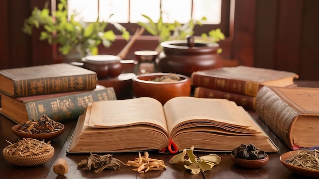Foto libros de medicina china antigua y hierbas en la mesa