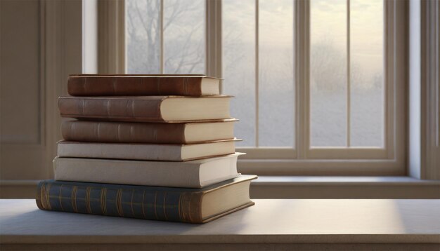 Libros en una mesa de madera frente a una ventana