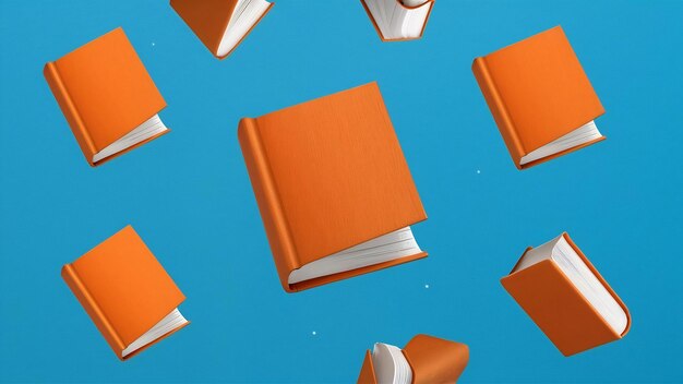 Libros en miniatura en una cubierta naranja volando sobre un fondo azul