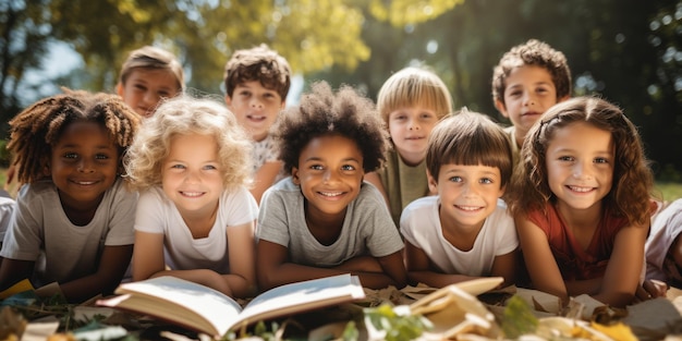 Libros para niños y pasar el rato en el parque con amigos Aprendizaje o diversidad en la lectura en el patio de la escuela Los niños estudian o reciben educación