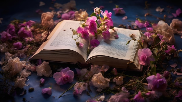 Libros de páginas y pétalos entrelazados con flores que celebran la belleza de la literatura y la naturaleza.