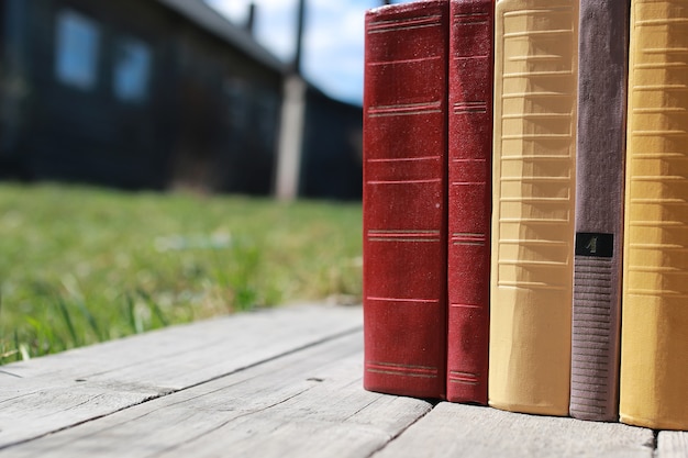 Libros de pie sobre una mesa