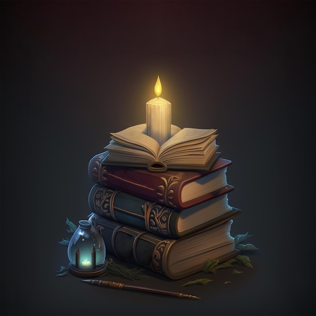 Libros, sobre ellos una vela y frente a ellos una lámpara con activos de juegos digitales 2d de cartón
