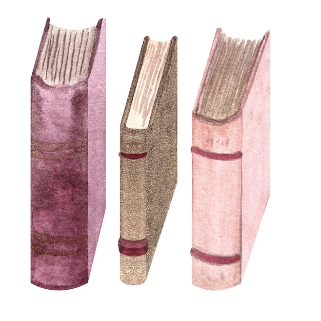 Libros de tapa dura rosada y dorada aislados en blanco pintados a mano en acuarela columna vertebral gruesa del libro