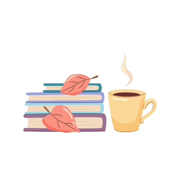 Libros y taza estado de ánimo de otoño Ilustración vectorial dibujada a mano para pegatinas iconos postales