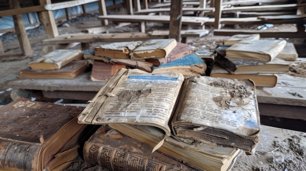 Foto libros de texto desgastados en un aula improvisada conocimiento a pesar de todo