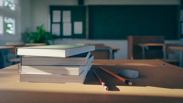 Libros de texto y lápices en el escritorio en la representación 3d del aula de la escuela