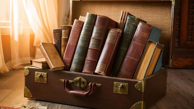 Foto libros en una vieja maleta.