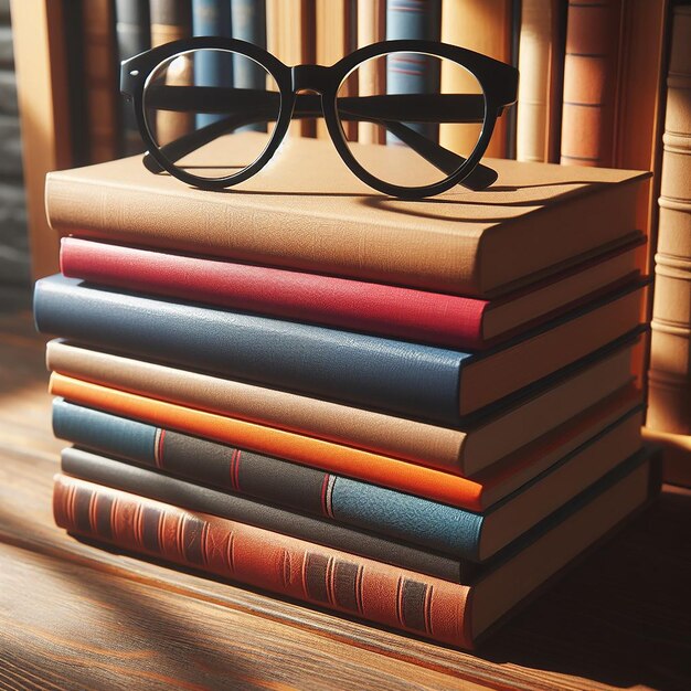 Libros de vista frontal con gafas