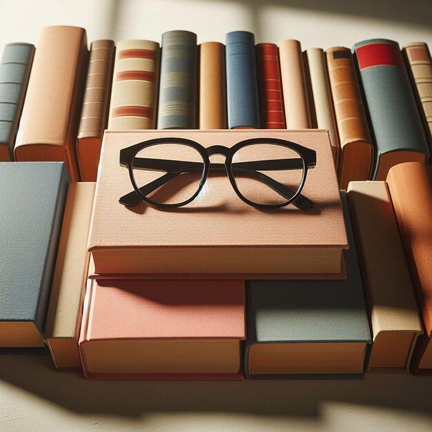 Libros de vista frontal con gafas