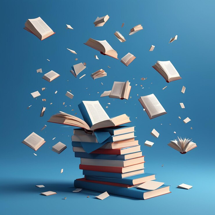 Libros voladores o que caen Renderizado en 3D con fondo azul