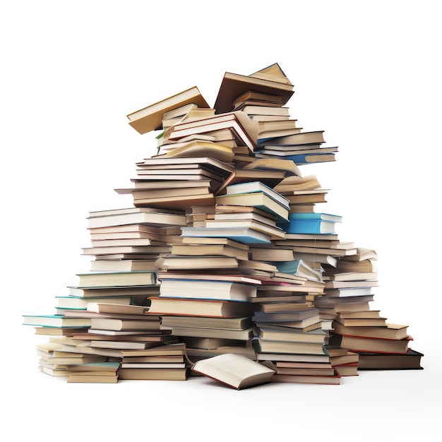 Libros volando en una pila aislado sobre un fondo blanco.
