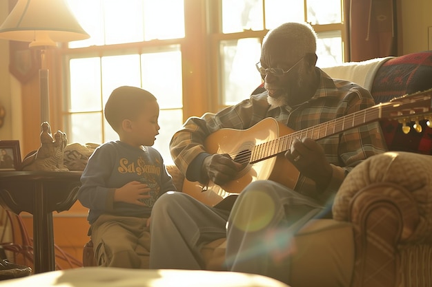 Lição de Música Intergeracional Avô ensina guitarra ao neto