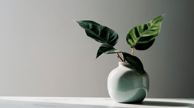Licença de planta verde em um vaso de cerâmica na mesa branca generativa Ai