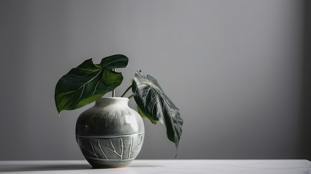 Licencia de planta verde en un jarrón de cerámica sobre mesa blanca Ai generativo