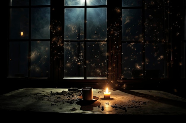 Licht durch ein Fenster in einem dunklen Raum Staubpartikel Kerze auf dem Tisch