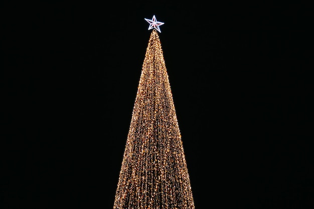 Licht eines Weihnachtsbaumes in der Stadt Grosny. 45-Meter-Weihnachtsbaum auf dem Platz in der Nachtstadt.