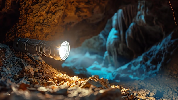 Foto licht in der höhle ein heller lichtstrahl einer taschenlampe durchschneidet die dunkelheit einer höhle und enthüllt die felswände und glitzernden kristalle