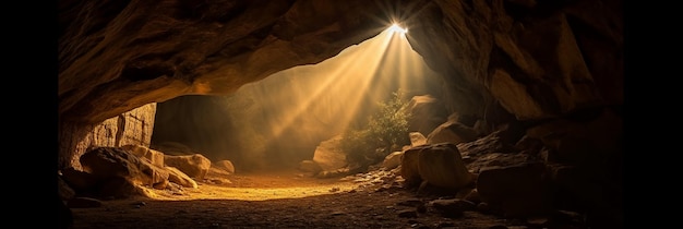 Licht scheint durch eine Höhle, auf die ein Licht scheint