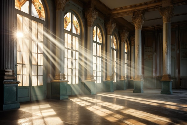 Foto licht strömt durch die fenster auf die geschmückten bürosäulen