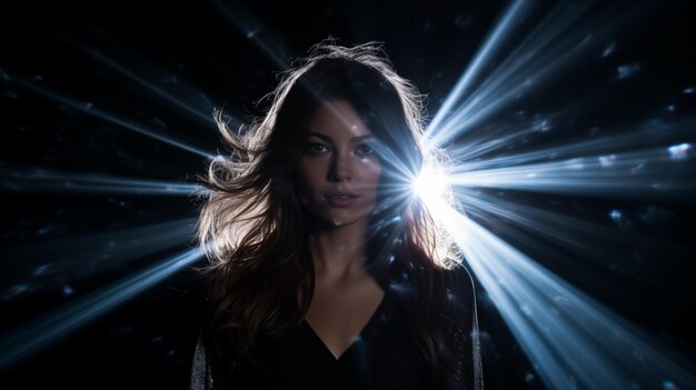 Lichtblitze Fotoflash eines Journalisten Fotografen Silhouette im Hintergrund von Lichtstrahlen